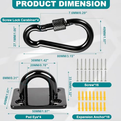 304 Stainless Steel Pad Eye Snap Hooks, 1500LBS Heavy Duty Ceiling Hook, M8 | Black Hanging Kit with Locking Carabiner, Pad Plate Hooks for Hammock, Chair Swing, Plant,Sun Shade Sail, Marine Boat, Yoga - color: Black Square, size: M8