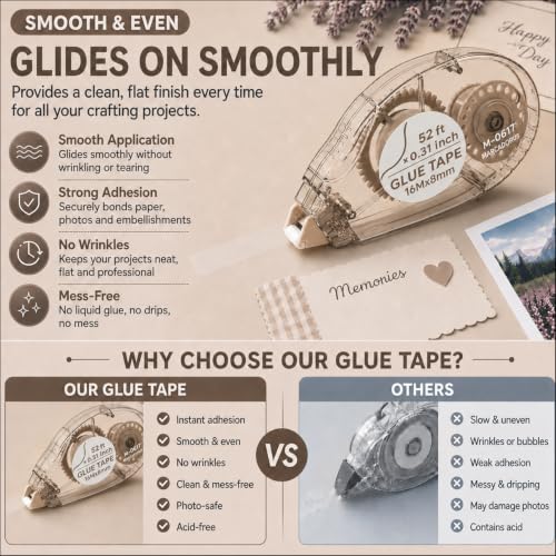MARCADORUS Double Sided Tape Roller, Scrapbook Tape Runner Extra Long 52Ft | 52Ft x 0.31In Per Roller, 416Ft Total, Permanent, Acid-Free, Adhesive Photo Tape for Scrapbooking, Journaling & Paper Crafts - size: 52.5 Ft x 0.31 In : 8 Pack