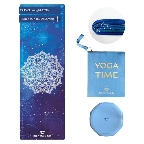 Mantra Yoga Travel PRO 1.5mm with Knee Pad - Foldable Fitness & Exercise Mat with Bag | Lightweight, Compact & Eco-Friendly | Non-Slip & Washable | For All Types of Yoga | 72" L x 24" W | 2.6 lbs - color: Blue Mandala