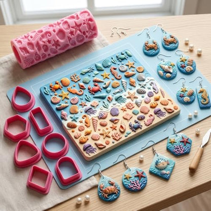 Summer Ocean Polymer Clay Texture Roller Underwater Oceanic Marine Life Jellyfish Coral Starfish Shell Texture Roller for Clay Geometric Polymer Clay Cutters Set Earring Jewelry Making Crafts Tools