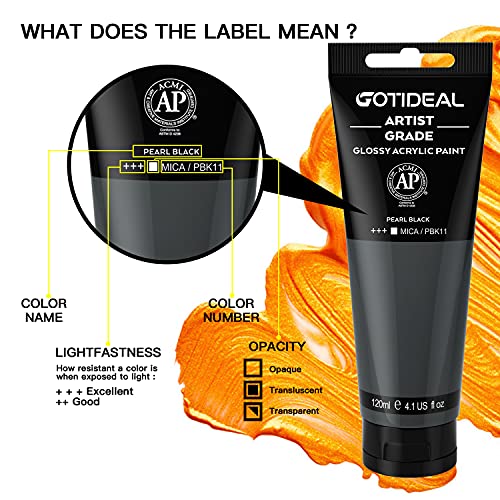 GOTIDEAL Metallic Acrylic Paint Pearl Black Tubes(120ml, 4.1 oz) | Non Toxic, Non Fading, Rich Pigments,for Painters, Adults & Kids,Ideal for Canvas Wood Clay Fabric Ceramic Craft Supplies - color: Pearl Black, style: Metallic