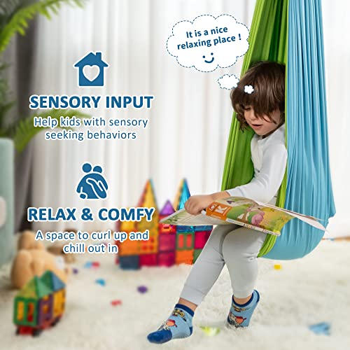 OUTREE Sensory Swing, Double Layer Therapy Swing with 360° Swivel Hanger, Healing & Relaxing Cuddle Sensory Swing for Kids and Adults with Autism, ADHD, Sensory Processing Disorder(Blue and Green) - color: Blue and Green