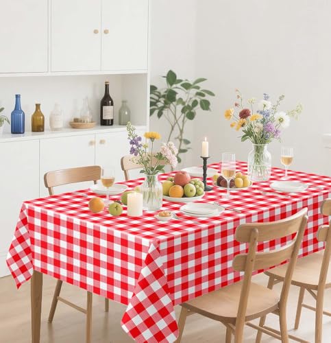 HEIPINIUYE 2 Pack Red Gingham Tablecloth Disposable 54 x 108 Inch Red and White Plaid Plastic Table Cloth Disposable Rectangle Table Cover for Party Birthday Picnic Checkered Tablecloths - color: Red Gingham Tablecloth, size: 2 Pack