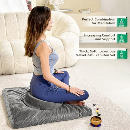 Hihealer Meditation Cushion, Traditional Tibetan Meditation Pillow Velvet Cover - Large Floor Cushion Seating for Adults - Yoga Buckwheat Bolster for Women、Moms | Buckwheat Yoga Bolster, Large Floor Cushion & Pillow for Adults, Zafu Zabuton Set, Zen Medit