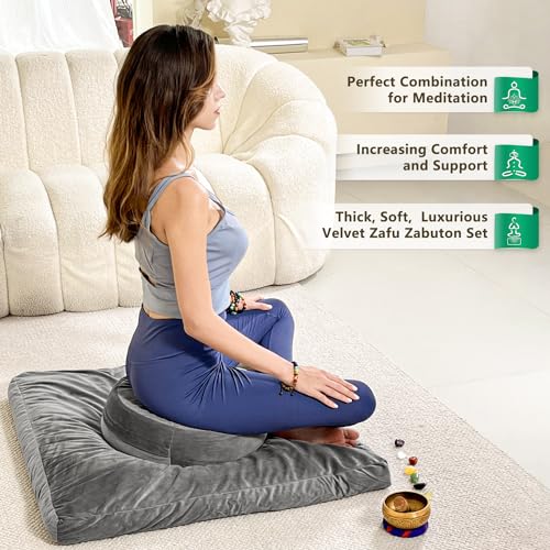 Hihealer Meditation Cushion, Traditional Tibetan Meditation Pillow Velvet Cover - Large Floor Cushion Seating for Adults - Yoga Buckwheat Bolster for Women、Moms | Buckwheat Yoga Bolster, Large Floor Cushion & Pillow for Adults, Zafu Zabuton Set, Zen Medit