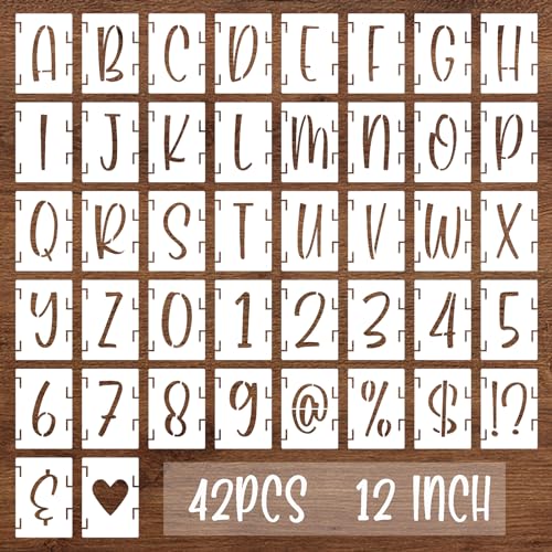 BAMIDELE 12 Inch Alphabet Letter Stencils, 42 Pcs Reusable Plastic Letters Numbers Symbol Interlocking Drawing Template Kit for Painting on Wood, Fabric, Rock, Chalkboard, Door Porch, Wall, Signage - size: 12 Inch