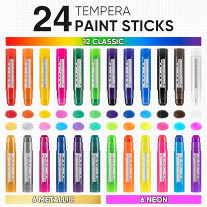24 Colors Tempera Paint Sticks,Washable Paint Sticks for Kids,Non-Toxic,90s Quick Drying, Allergen Free and High Coverage Solid Tempera Paint Stick,Ideal Gifts for Kids and Toddlers - color: 12 Classic+6 Metallic+6 Neon