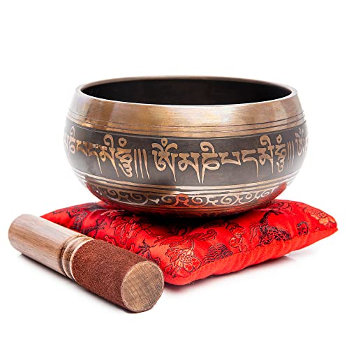 Premium Tibetan Singing Bowl Set – Handmade in Nepal Sound & Meditation Bowl – Spiritual Decor for Yoga, Wellness Spaces & Relaxation by Himalayan Bazaar (Brown & Red) - color: Brown - Red