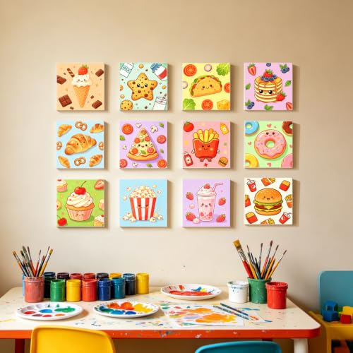 12 Packs Food-Themed Pre Drawn Canvas to Paint, Pre Printed Canvas for Painting, Pre Stretched Canvas Outline Painting Boards for Beginners, Students, Party Favors（4 * 4inch） - color: food
