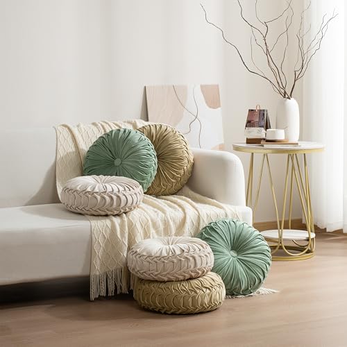 HIG Set of 2 Sage Velvet Decorative Round Pleated Throw Pillows - color: Sage