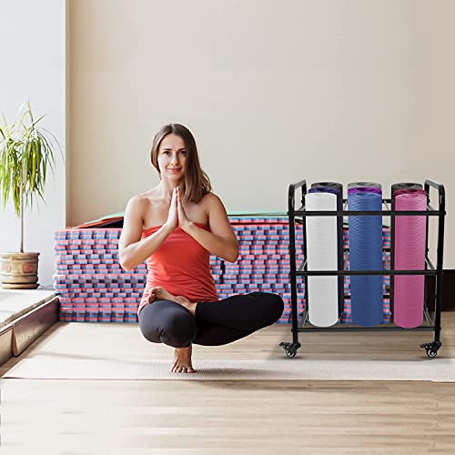 MM MELISEN Black Yoga Mat Storage Rack, Home Gym Studio Organizer Cart for Foam Roller, Yoga Strap and Resistance Bands, Movable Black Sports Equipment Storage Rack with Wheels
