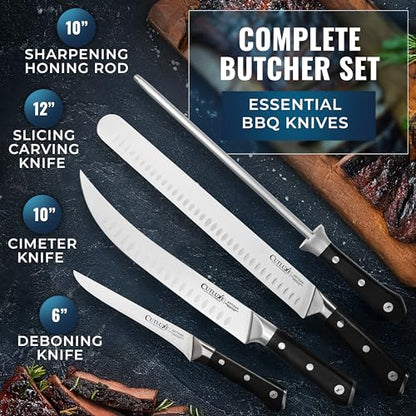Cutluxe Butcher Knife Set, Brisket, Breaking & Boning Knife with Honing Rod | Carving Blades for Meat Prep, Ultra Sharp German Steel, Full Tang Ergonomic Handles – Grilling Gift - size: 4 Pcs BBQ Set