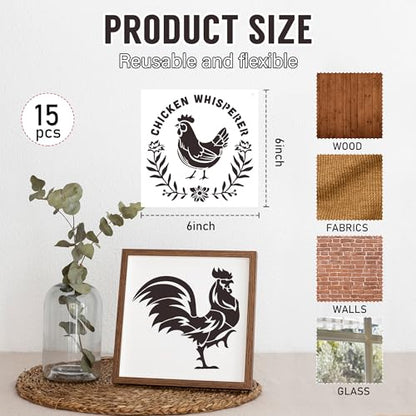 Keluna Farmhouse Chicken Stencils - 15 Pcs Farm Stencil Set for Wood Crafts, Farmhouse Chicken Rooster Stencil - style: chicken stencil