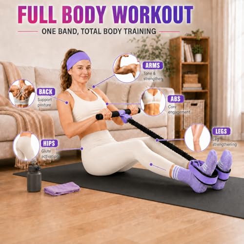 Sit Up Pedal Resistance Band, Upgraded Stitched Core Workout Equipment, 3-in-1 Anti-Snap Pull Rope Stretching Kit with Non-Slip Yoga Socks & Sports Headband - color: B-Purple, size: 75LB