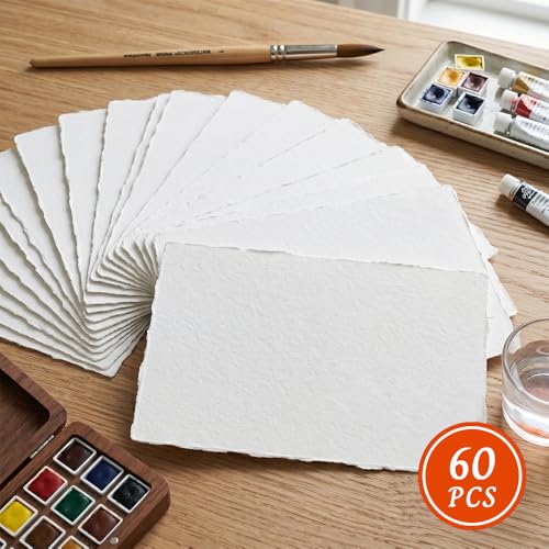 Deckled Edge Watercolor Paper 5x7 Inch, 60 Sheets 300gsm Thick Cotton Blend, Handmade Torn Edge Cards for Watercolor, Calligraphy, Wedding Invitations, DIY Crafts & Postcards