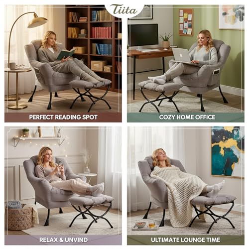Tiita Modern Lazy Chair with Ottoman, Large Accent Armchair, Leisure Sofa Armchair with Footrest for Bedroom, Living Room, and Dorm Rooms - color: Light Grey