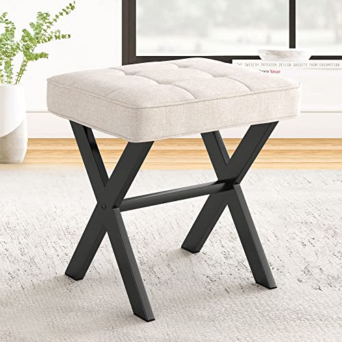 LUE BONA Ottoman Foot Stool Vanity Stool, Square Linen X-Leg Foot Rest Ottoman Makeup Stool, Small Stool Chair for Vanity, Modern Padded Vanity Seat for Makeup Room, Living Room, Bathroom, Linen Color - color: Linen Color-black Legs