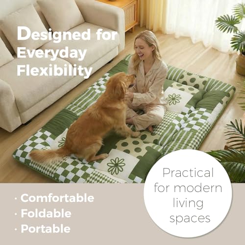 XICIKIN 2.5" Japanese Floor Mattress, Japanese Futon Mattress - color: Green Checkerboard, size: Queen（80" x 60"）