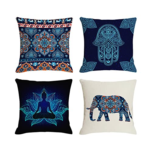 Navy Mandala Pattern Throw Pillow Covers 18x18 Set of 4 Boho Accents Decorative Throw Pillows for Couch, Sofa, Outdoor Patio Bohemian Decor - color: Royal Blue