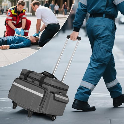 Trunab Rolling Medical Bag with Trolley & Dividers, Nurse Responder Tote - color: Grey
