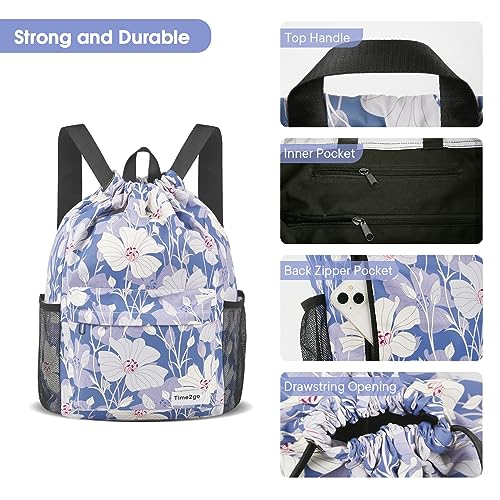 Drawstring Backpack Sports Gym Sackpack with Mesh Pockets String Cinch Beach Bag for Men Women(Blue Flower) - color: Blue Flower