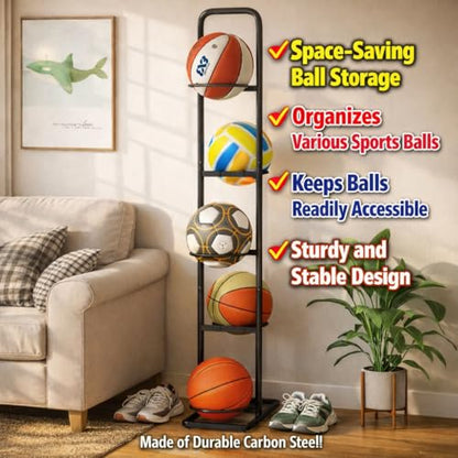 Vertical Ball Rack -basketball rack- Durable Carbon Steel Storage for Basketball, Soccer, Volleyball, and More - Easy to Assemble, Waterproof, Sturdy - 56.7" H - size: 5-Balls without Basket