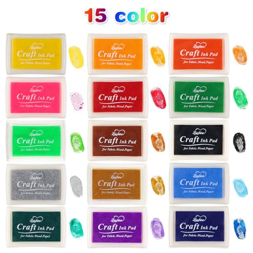Lsushine 15 Colors Craft Ink Pads, Washable Stamp Pads for DIY Stamping | Ink Pad Set for Rubber Stamps, Finger Painting, Crafts on Paper, Wood, Fabric, Scrapbooking, DIY & Back to School Supplies