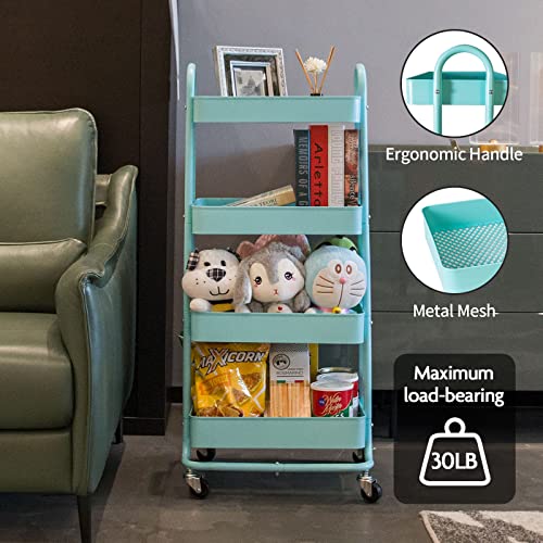 elabo 4-Tier Metal Mesh Utility Rolling Cart, Storage Organizer Trolley Services Cart with Lockable Wheels for Kitchen, Bathroom, Living Room (Blue) - color: Blue