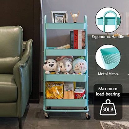 elabo 4-Tier Metal Mesh Utility Rolling Cart, Storage Organizer Trolley Services Cart with Lockable Wheels for Kitchen, Bathroom, Living Room (Blue) - color: Blue