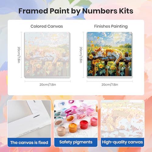 HEIBAGO 4 Pack Framed Paint by Numbers Kit for Adults Beginner, Adult Paint by Number Kits Cute Orange Cat, DIY Paint by Numbers for Adults,Small Easy Acrylic Oil Painting for Wall Decor 8 x 8 Inch - color: Orange Cat