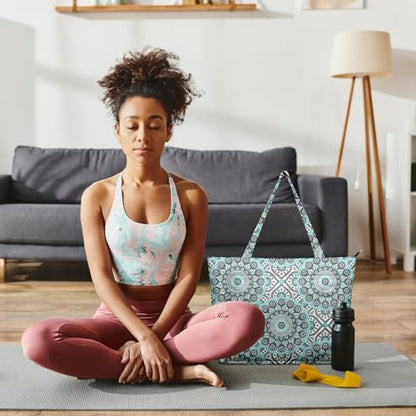 Yoga Bag for Women, Large Canvas Yoga Mat Tote Bag with Yoga Mat Carrier | Large Mat Pocket Fitness Tote for Pilates, Gym, Travel, Office & Beach - color: Light Blue