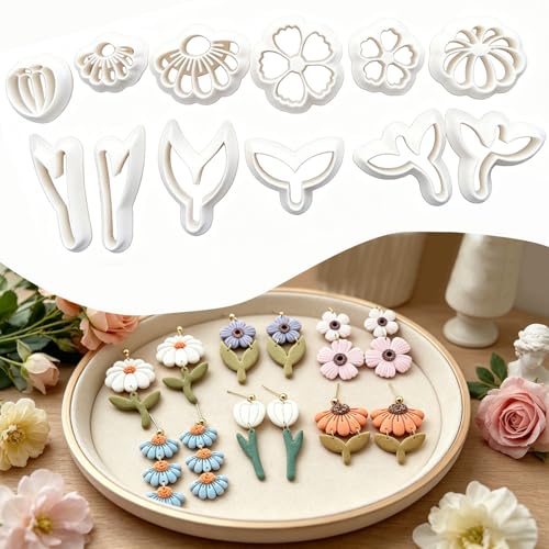 12 Pcs Floral Polymer Clay Cutters Set - Daisy & Flower Shaped Clay Cutters for Polymer Clay Jewelry Making, Fit Romantic Valentine's Day Gift for Wife, Friends & Sisters - color: Flower-12pcs