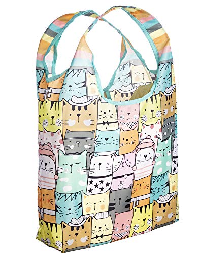 O-WITZ Reusable Grocery Bags | Vibrant Tote Bag For Groceries, Gym, Office, Beach Gear, Toys & More | Washable Design With Large Handles For Maximum Convenience | Folds Into A Small Pouch, Cat - color: Cat