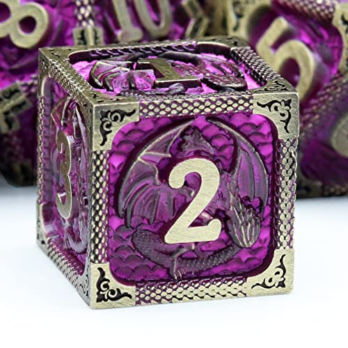 Haxtec Metal DND Dice Set, 7 Pcs Dragon Pattern Polyhedral Dice for RPG | Bronze Purple D&D Dice with Leather Bag, Compatible with Dungeons and Dragons, Heavy Metallic, TTRPG Gifts - color: Bronze Matt Purple