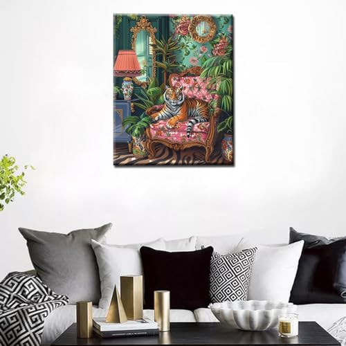 Tucocoo Fierce Tiger on Pink Sofa Paint by Number Kit for Adult,Bohemia Paint by Numbers Woodland Animal Watercolor on Canvas for Home Wall Decor 16''W x 20''H (Without Framed) - color: Artwork-07, size: 16''x20''(Without Frame)