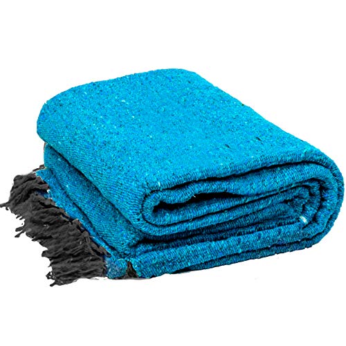 Open Road Goods Solid Color Mexican Yoga Blanket – Large Handwoven Throw for Yoga, Beach, Camping or Home – Soft and Durable Cotton Blend - color: Blue Blanket