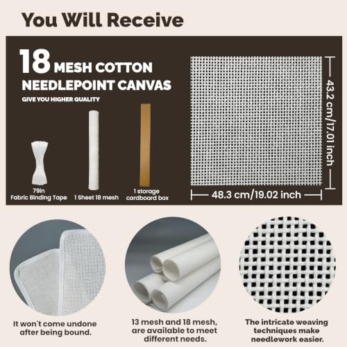 Needlepoint Blank Canvas 18 Mesh 19"x17" White, Rolled Crease-Free | 100% Pure Cotton, Rolled to Avoid Creases for Cross Stitch, Embroidery & DIY Crafts