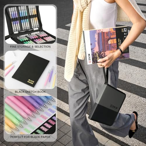 ZSCM 24 Colors 3D Acrylic Gel Pens & Black Paper Sketchbook for Drawing | 1mm Fine Point Acrylic Ink Pen, Opaque Archival Bright Ink Pens for Black Paper Drawing, Sketching, Illustration, Card Making - color: 24 Packs-Dull