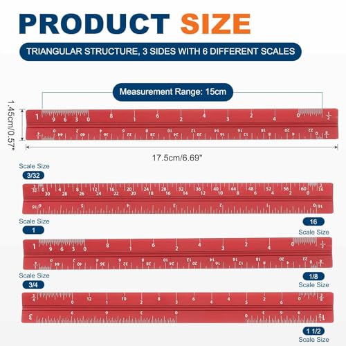 HARFINGTON Architectural Scale Ruler, 7 Inch Standard Aluminum Alloy Architect Triangular Small Scale Laser-Etched Blueprint Drafting Ruler for Architects Engineers, Red - color: Red, size: 7 Inch