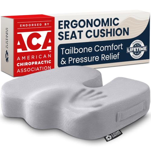 5 STARS UNITED Seat Cushion - Memory Foam Chair Cushion for Tailbone Pain Relief - Ergonomic Support for Coccyx, Sciatica & Butt - Office, Desk & Gaming Chair, Car Seat, Wheelchair, Airplane, L Gray - color: Light Gray, size: Large