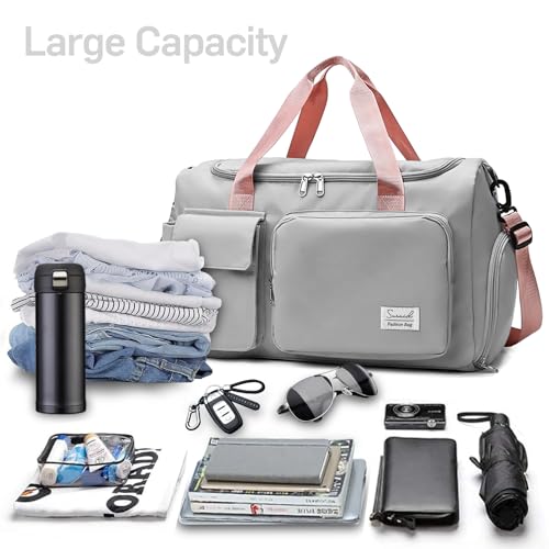 Suruid Gym Bag with Shoe Compartment, Sports Duffle Bag for Women, Pgray - color: Gray Pink