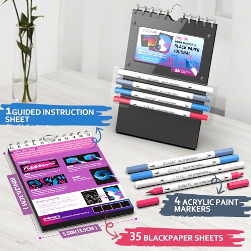 Black Paper Sketchbook Set：5.5" x 8.5" 100GSM Aicd-free 35 Sheets Black Paper Sketchbook & 4 Dual-tip Acrylic Marker Set for Drawing, Sketching, & Journaling