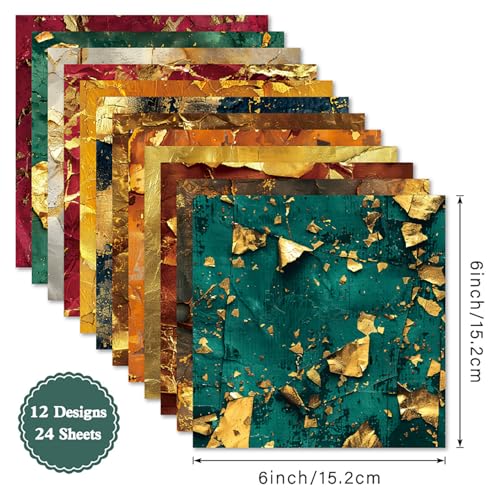 6x6 Scrapbook Paper Pad - Luxury Gold Foil Texture 160gsm Heavyweight Cardstock, 24 Pcs Distressed Metallic Decorative Paper for Scrapbooking, Junk Journal Supplies & DIY Crafts - color: R2523 - 6×6