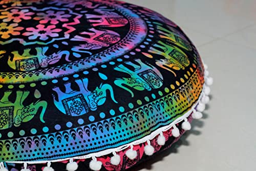 ICC Large Boho Ottoman Cover Pillowcase for Couch Floor Pillows & Cushion Covers Decorative Bohemian Hippie Mandala Pouf Pillow Cover Seating Meditation Cushion Cover (UP hathi, 32" Round) - size: 32" x 32" (Pack of 1), style: UP hathi