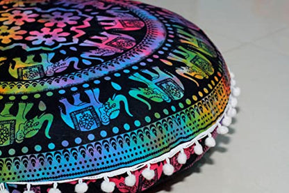 ICC Large Boho Ottoman Cover Pillowcase for Couch Floor Pillows & Cushion Covers Decorative Bohemian Hippie Mandala Pouf Pillow Cover Seating Meditation Cushion Cover (UP hathi, 32" Round) - size: 32" x 32" (Pack of 1), style: UP hathi