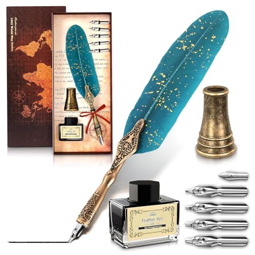 Feather Quill Pen and Ink Set, 8 Pcs, 5 Extra Nibs, Stand (Turquoise) | Vintage Quill and Ink Set; Genuine Feather, Stainless Steel Nibs, Non-Slip Grip; Writing Calligraphy Kit, Elegant Writer Gift - color: Turquoise