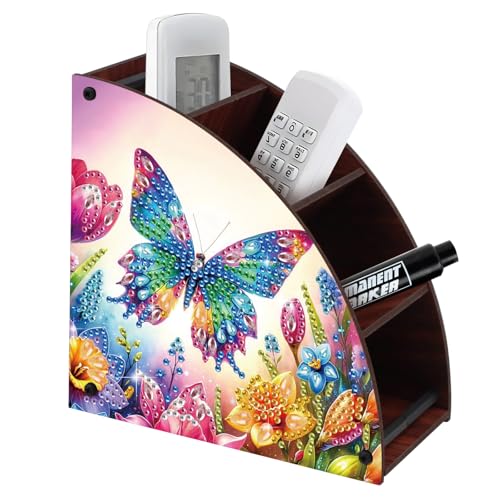 DIY Diamond Painting Storage Box with 4 Compartments, Butterfly-Themed Diamond Art Curved Wooden Organizer for Remote Controllers, Office Supplies, Makeup Brush, Media Accessories - color: Butterfly & Flower