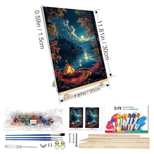 JOOZ Paint by Numbers Kit for Adults with Frame, Landscape Paint by Numbers for Adults, Moon Lake Paint by Number with Easel, DIY Acrylic Oil Painting Kit for Home Wall Decor 8 x 12 Inch - color: Moon Landscape