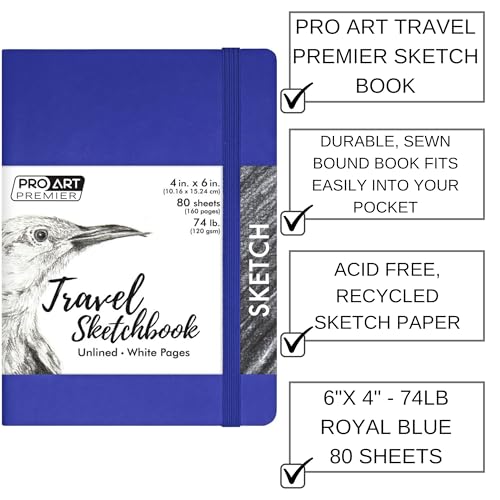 Pro Art Premier Sketch Book Travel 6"x 4" White 74lb Royal Blue 80 Sheets, Sketch Book, Sketchbook, Drawing Pad, Pad, Drawing Paper, Art Book, Paper, Sketchbook for - color: 4x6 Royal Blue
