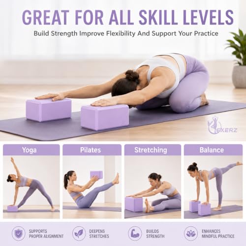 EXERZ Yoga Blocks 2 pack, Gym Blocks, Exercise Workout Fitness Bricks, Pilates Stretch Handstand Non-Slip - color: Lavender